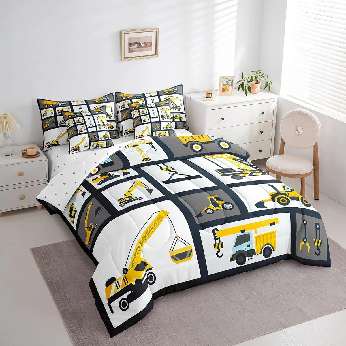 Feelyou Kids Construction Comforter Set Full Size 7 Pcs Boys Construction Site Cars Comforter Bed in a Bag Trucks Excavators Bedding Set Child Tractors Bed Set with Sheets, Pillowcases, Pillow Covers