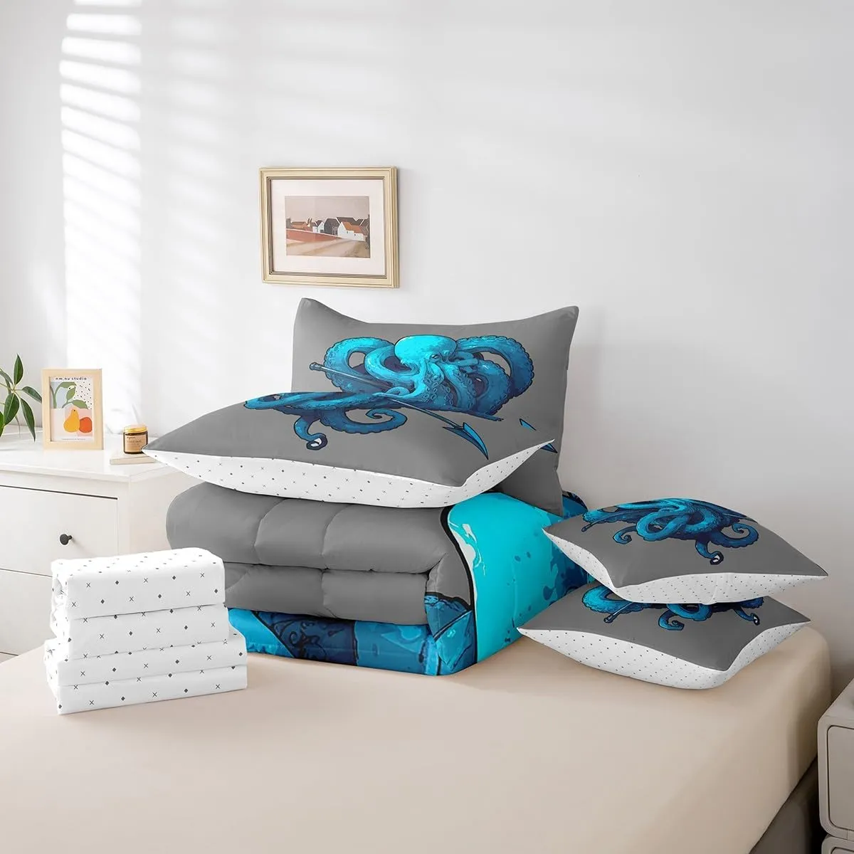 Feelyou Octopus Anchor Bedding Set Ocean Kraken Bed in a Bag Octopus Tentacles Comforter Set Full Size 7 Pieces Bed Set with Comforter, Sheet Set, Pillowcases, Pillow Covers Abstract Gray