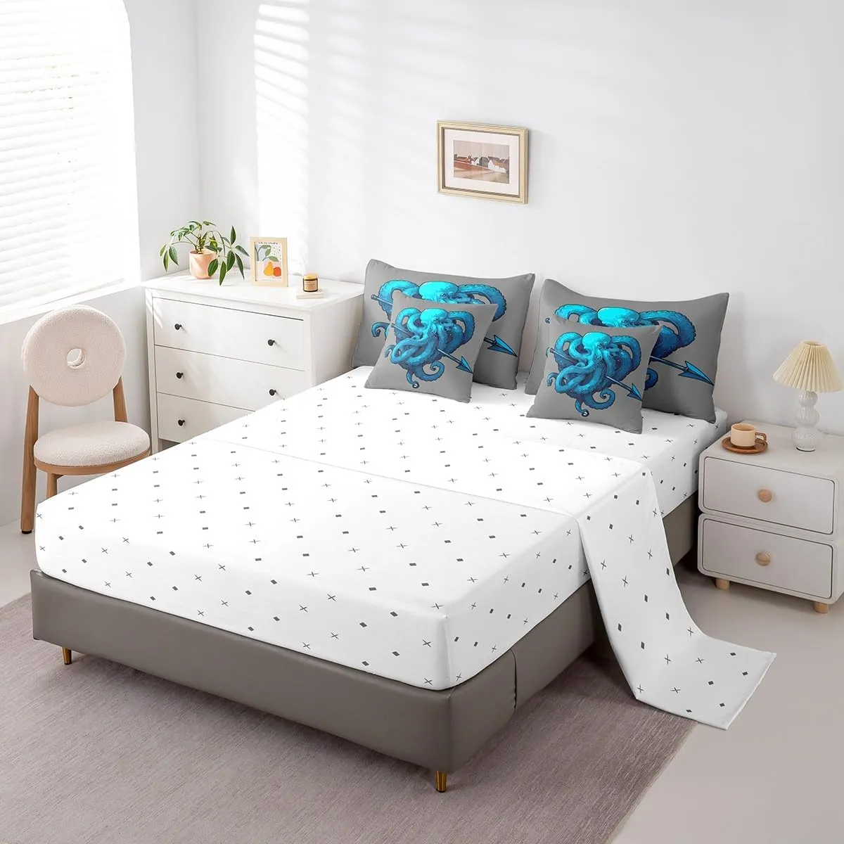 Feelyou Octopus Anchor Bedding Set Ocean Kraken Bed in a Bag Octopus Tentacles Comforter Set Full Size 7 Pieces Bed Set with Comforter, Sheet Set, Pillowcases, Pillow Covers Abstract Gray