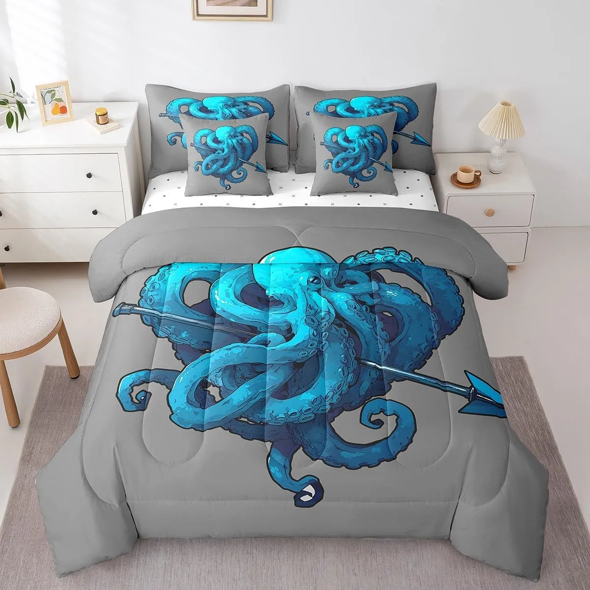 Feelyou Octopus Anchor Bedding Set Ocean Kraken Bed in a Bag Octopus Tentacles Comforter Set Full Size 7 Pieces Bed Set with Comforter, Sheet Set, Pillowcases, Pillow Covers Abstract Gray