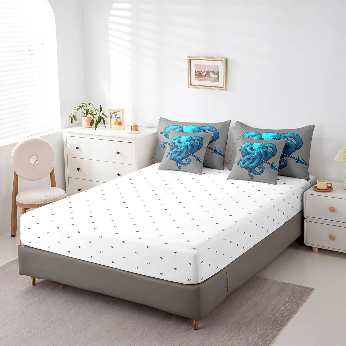 Feelyou Octopus Anchor Bedding Set Ocean Kraken Bed in a Bag Octopus Tentacles Comforter Set Full Size 7 Pieces Bed Set with Comforter, Sheet Set, Pillowcases, Pillow Covers Abstract Gray
