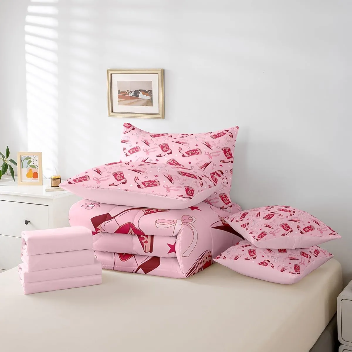 Feelyou Pink Western Comforter Set 7 Pieces Cowgirl Cowboy Boots Bedding Set Queen Size Bedroom Cute Bowknot Dreamy Princess Style Bed in a Bag Flower Bed Set with Comforter, Sheet Set, Pillowcases