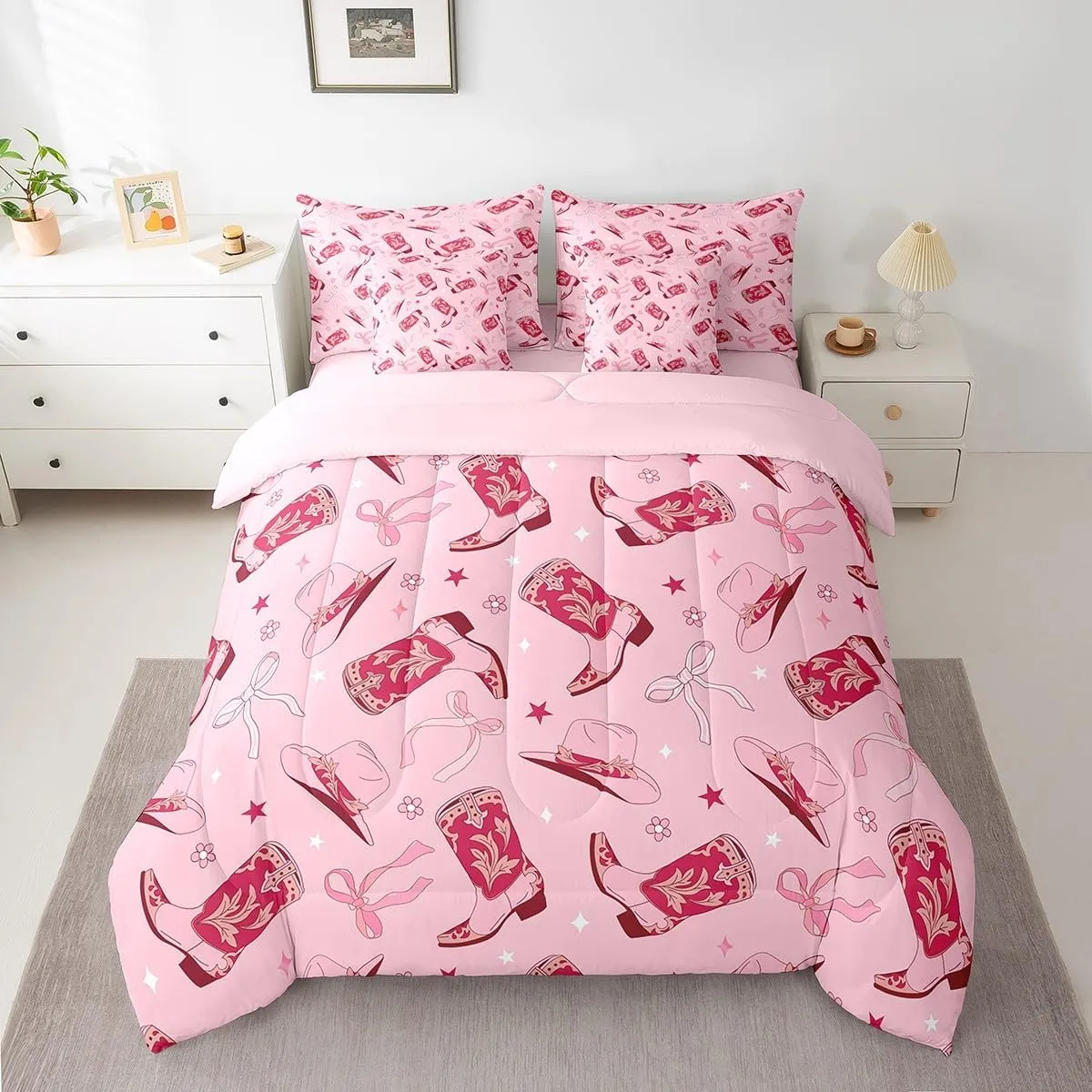 Feelyou Pink Western Comforter Set 7 Pieces Cowgirl Cowboy Boots Bedding Set Queen Size Bedroom Cute Bowknot Dreamy Princess Style Bed in a Bag Flower Bed Set with Comforter, Sheet Set, Pillowcases