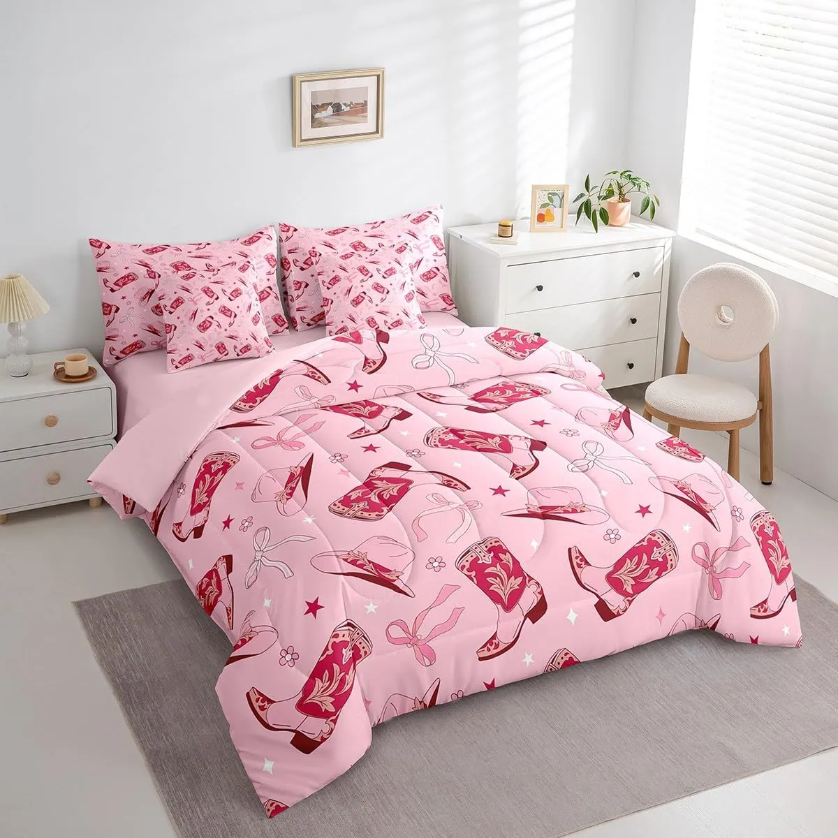Feelyou Pink Western Comforter Set 7 Pieces Cowgirl Cowboy Boots Bedding Set Queen Size Bedroom Cute Bowknot Dreamy Princess Style Bed in a Bag Flower Bed Set with Comforter, Sheet Set, Pillowcases