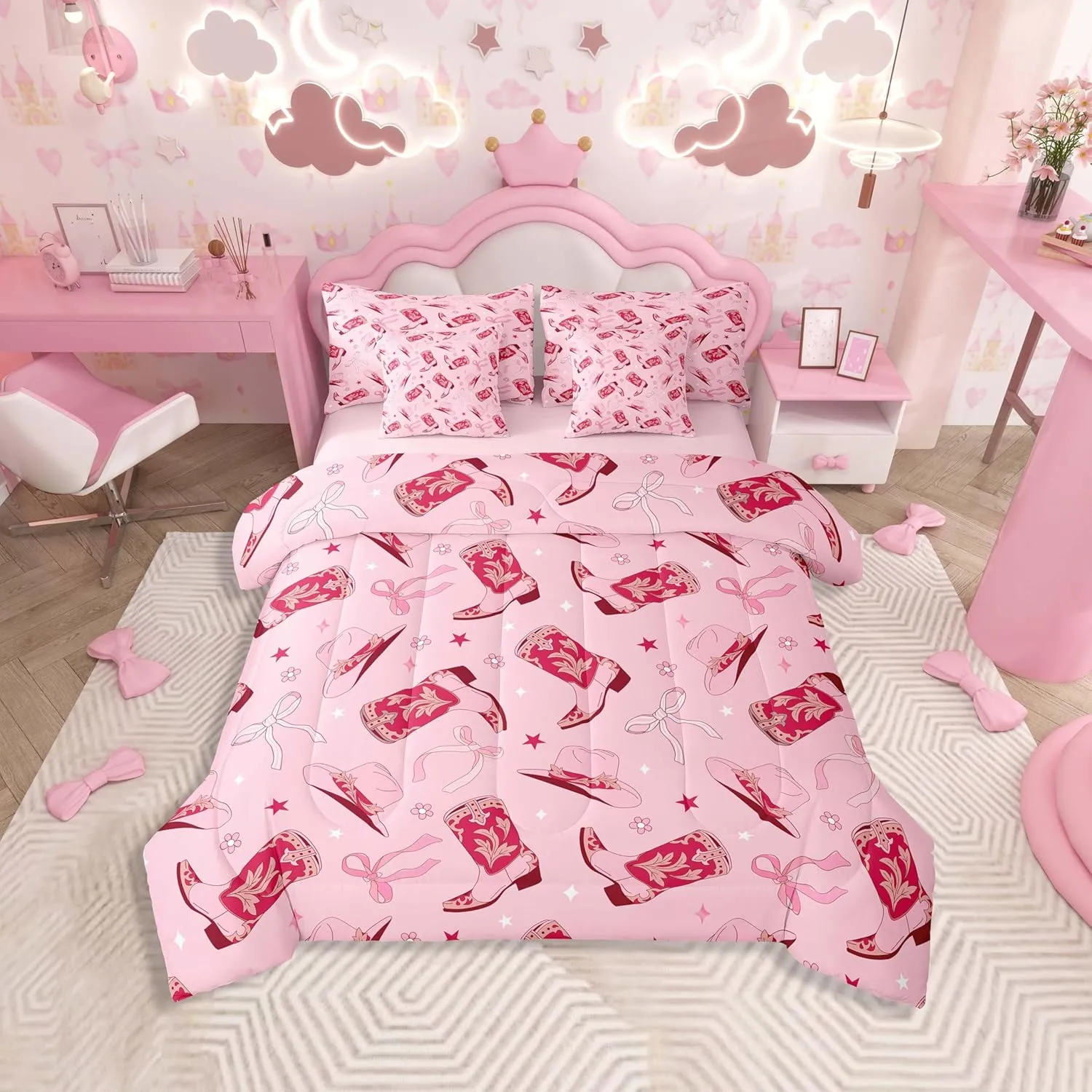 Feelyou Pink Western Comforter Set 7 Pieces Cowgirl Cowboy Boots Bedding Set Queen Size Bedroom Cute Bowknot Dreamy Princess Style Bed in a Bag Flower Bed Set with Comforter, Sheet Set, Pillowcases