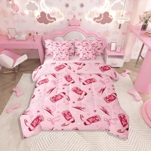Feelyou Pink Western Comforter Set 7 Pieces Cowgirl Cowboy Boots Bedding Set Queen Size Bedroom Cute Bowknot Dreamy Princess Style Bed in a Bag Flower Bed Set with Comforter, Sheet Set, Pillowcases