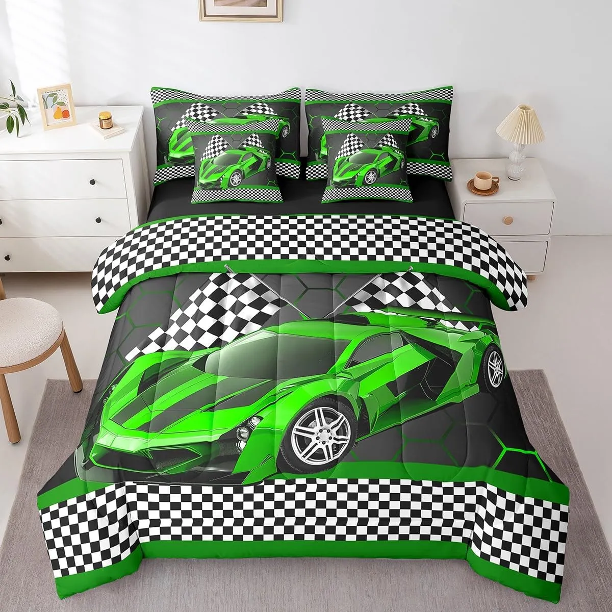Feelyou Race Car Twin Comforter Set with Sheets for Kids Boys Black White Checkered Flag Print Bed in a Bag Extreme Sports Bedding Set 7 Piece Honeycomb Speed Sports Car Green Bed Set