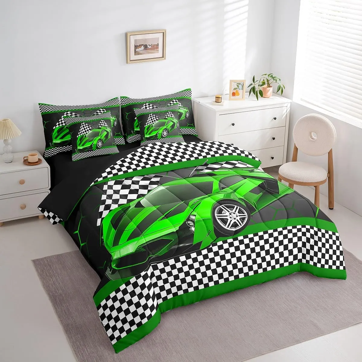 Feelyou Race Car Twin Comforter Set with Sheets for Kids Boys Black White Checkered Flag Print Bed in a Bag Extreme Sports Bedding Set 7 Piece Honeycomb Speed Sports Car Green Bed Set