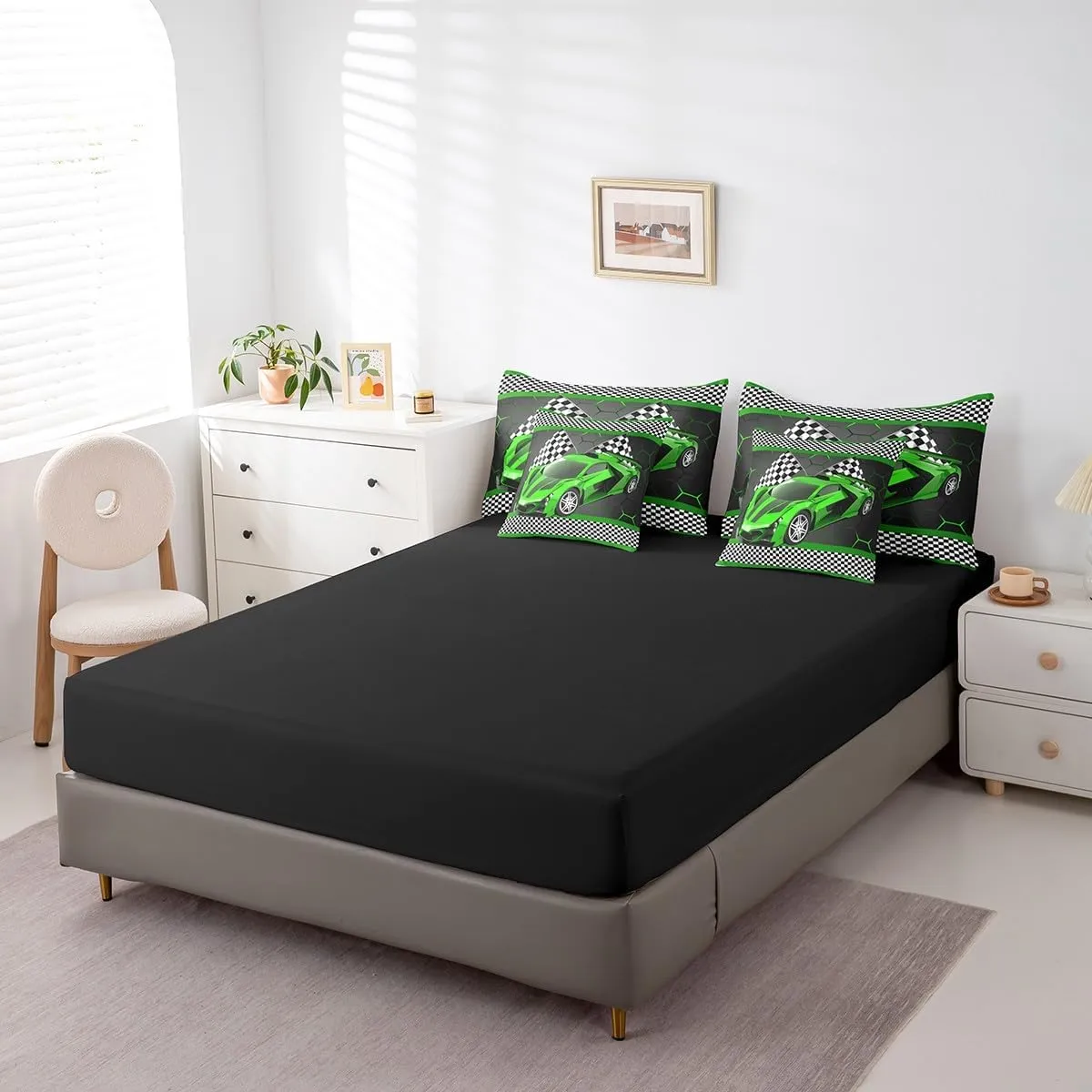 Feelyou Race Car Twin Comforter Set with Sheets for Kids Boys Black White Checkered Flag Print Bed in a Bag Extreme Sports Bedding Set 7 Piece Honeycomb Speed Sports Car Green Bed Set