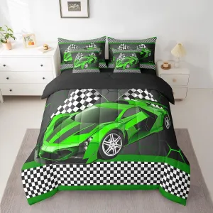 Feelyou Race Car Twin Comforter Set with Sheets for Kids Boys Black White Checkered Flag Print Bed in a Bag Extreme Sports Bedding Set 7 Piece Honeycomb Speed Sports Car Green Bed Set
