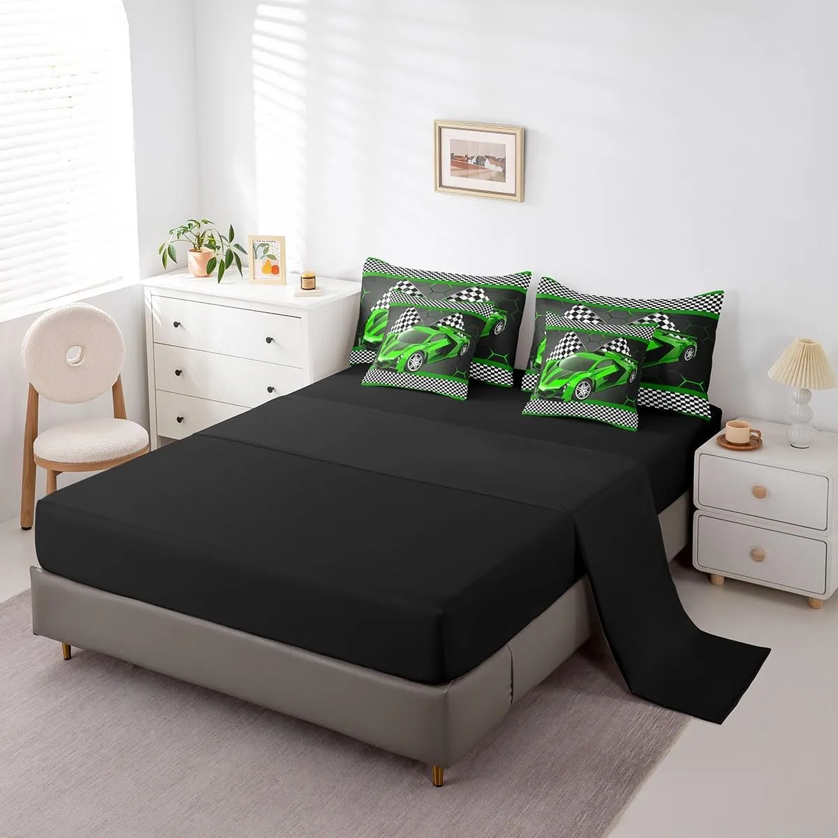 Feelyou Race Car Twin Comforter Set with Sheets for Kids Boys Black White Checkered Flag Print Bed in a Bag Extreme Sports Bedding Set 7 Piece Honeycomb Speed Sports Car Green Bed Set