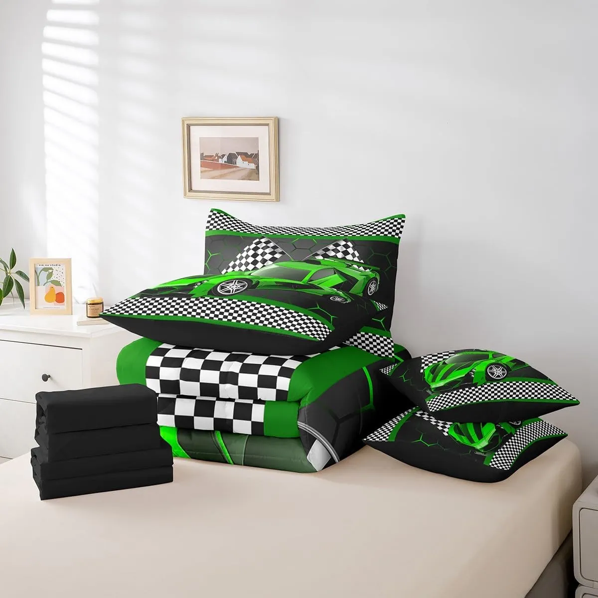 Feelyou Race Car Twin Comforter Set with Sheets for Kids Boys Black White Checkered Flag Print Bed in a Bag Extreme Sports Bedding Set 7 Piece Honeycomb Speed Sports Car Green Bed Set