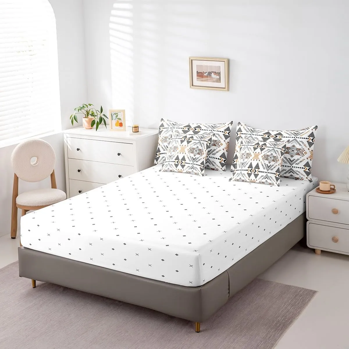 Feelyou White Southwestern Bedding Set Queen Geometric Comforter Set 7 Pieces Tribal Native American Indian Design Bed in a Bag Exotic Style Stripe Line Bed Set with Comforter Sheet Set Pillowcases