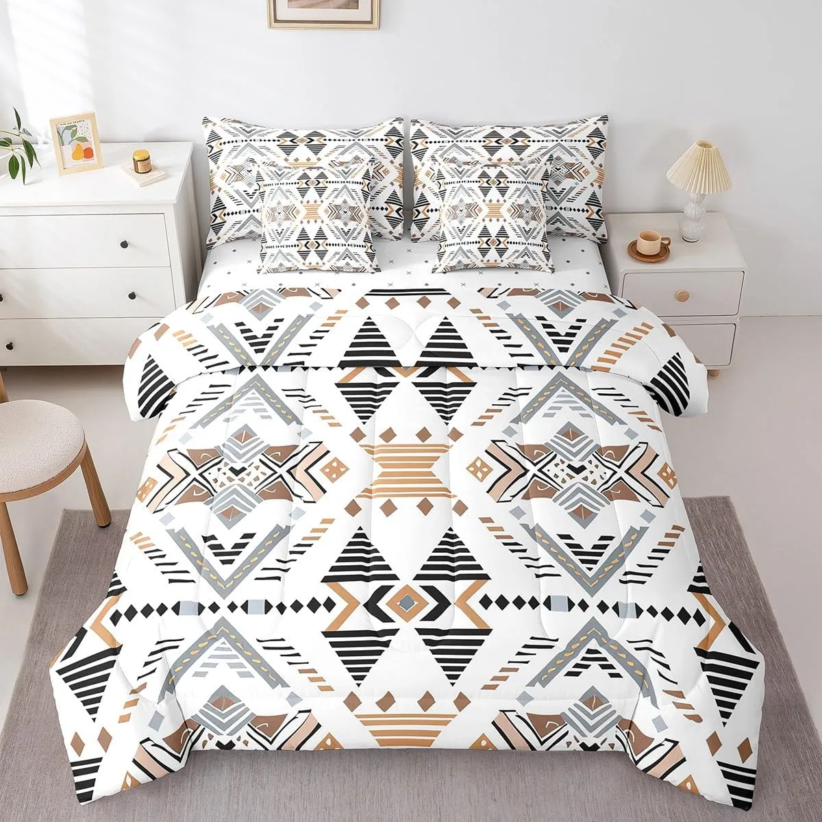 Feelyou White Southwestern Bedding Set Queen Geometric Comforter Set 7 Pieces Tribal Native American Indian Design Bed in a Bag Exotic Style Stripe Line Bed Set with Comforter Sheet Set Pillowcases