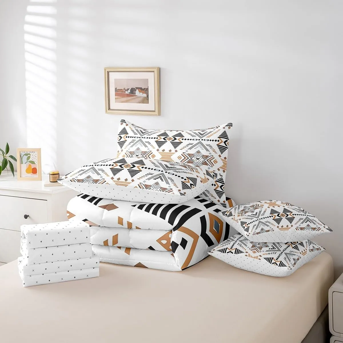 Feelyou White Southwestern Bedding Set Queen Geometric Comforter Set 7 Pieces Tribal Native American Indian Design Bed in a Bag Exotic Style Stripe Line Bed Set with Comforter Sheet Set Pillowcases