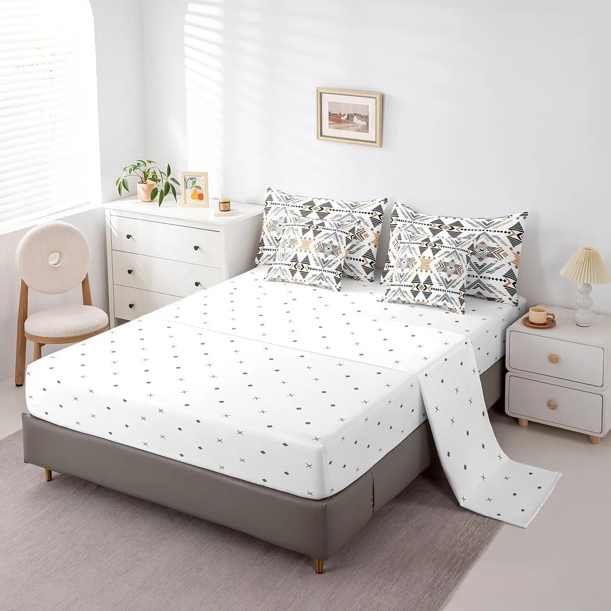 Feelyou White Southwestern Bedding Set Queen Geometric Comforter Set 7 Pieces Tribal Native American Indian Design Bed in a Bag Exotic Style Stripe Line Bed Set with Comforter Sheet Set Pillowcases