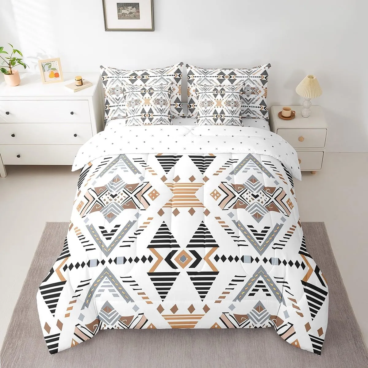 Feelyou White Southwestern Bedding Set Queen Geometric Comforter Set 7 Pieces Tribal Native American Indian Design Bed in a Bag Exotic Style Stripe Line Bed Set with Comforter Sheet Set Pillowcases