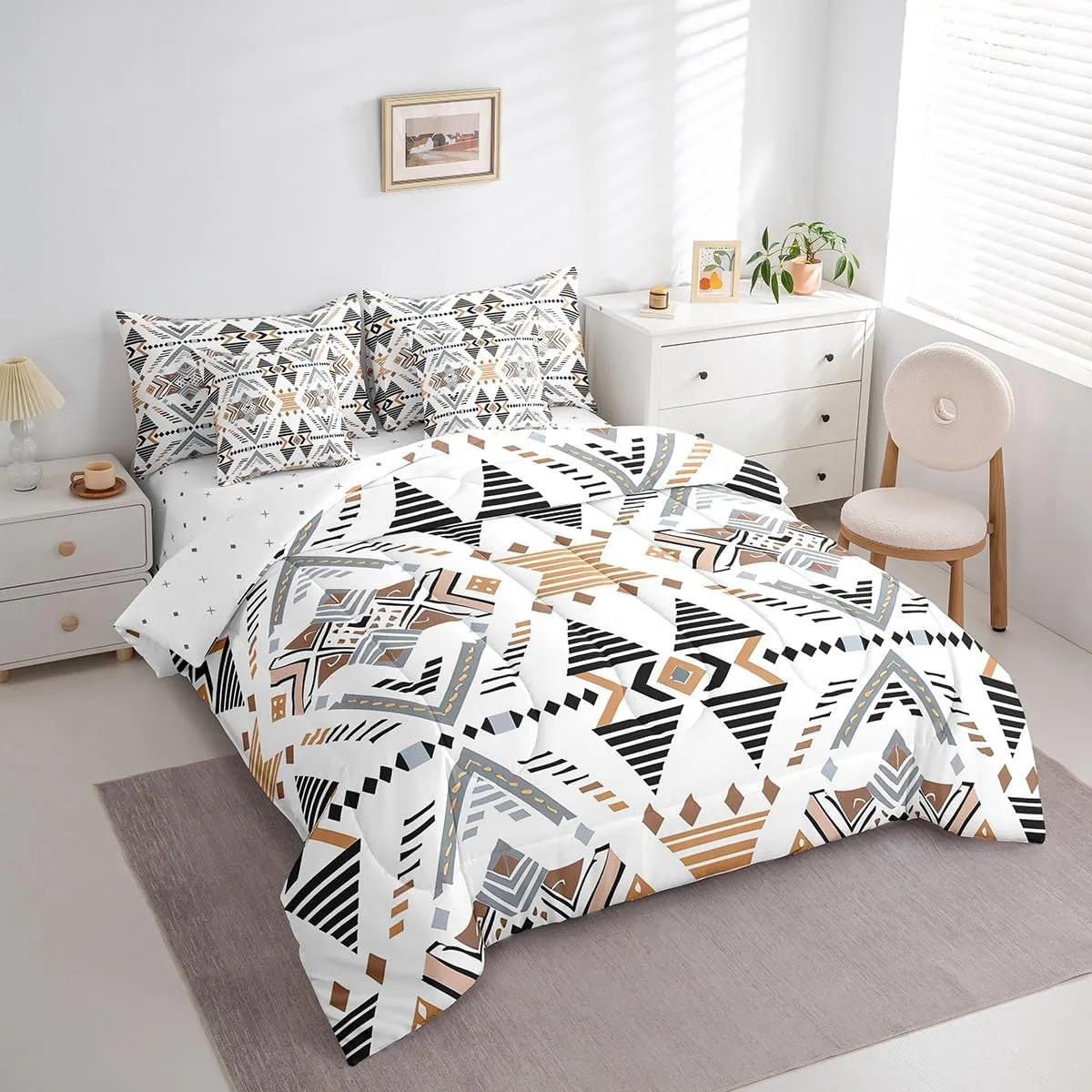 Feelyou White Southwestern Bedding Set Queen Geometric Comforter Set 7 Pieces Tribal Native American Indian Design Bed in a Bag Exotic Style Stripe Line Bed Set with Comforter Sheet Set Pillowcases