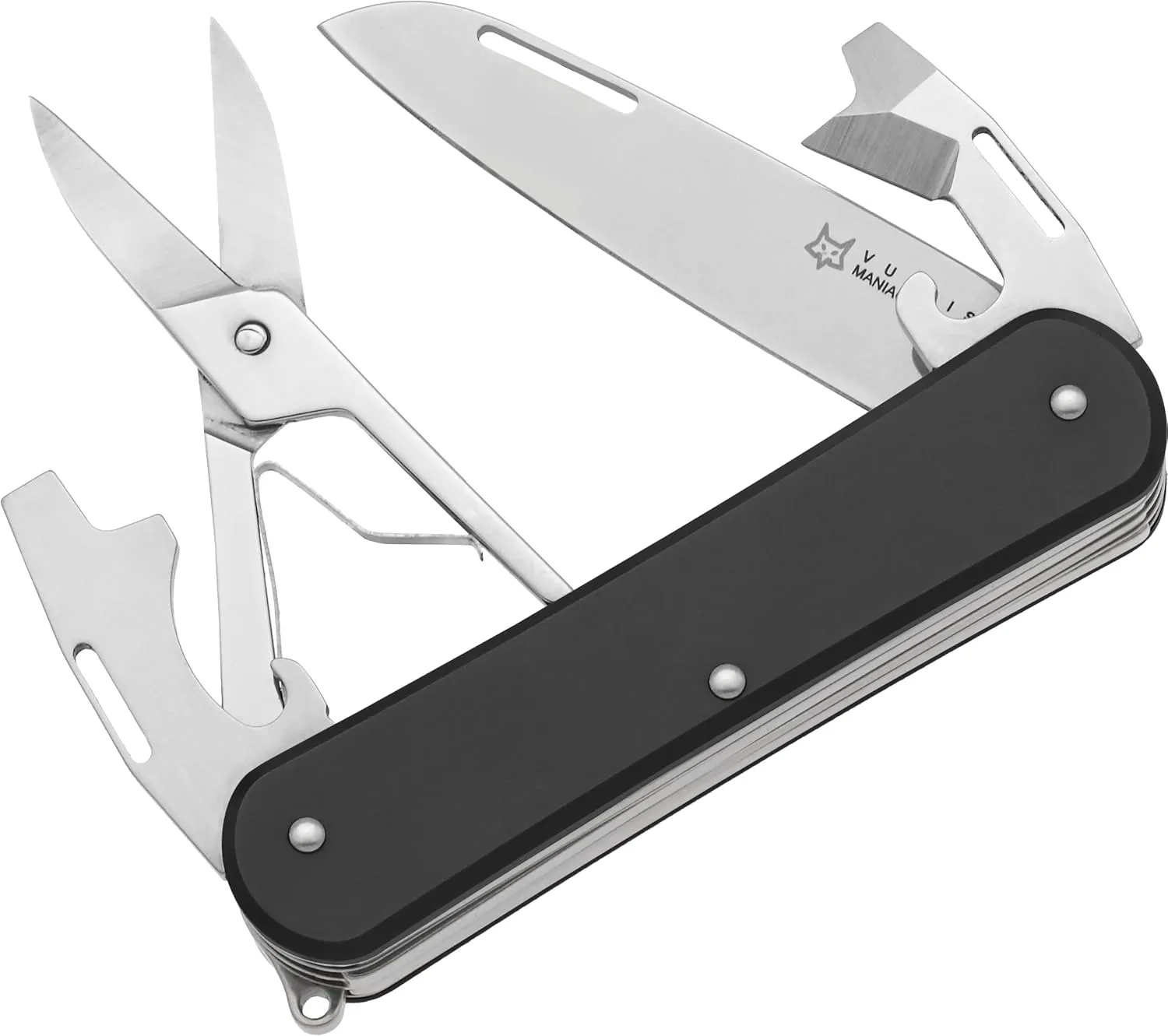 Fox Knives Vulpis FX-VP130-F4 Slipjoint Folding Knife 4-in-1 Multitool 2.17in Blade, Bottle Opener, Can Opener, Flat Head Screwdriver, Scissors - Compact Versatile Minimalist Pocket Knife (Black)