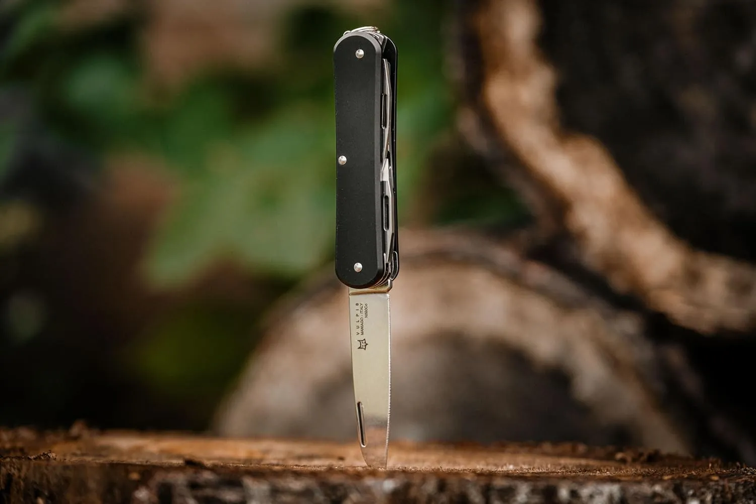 Fox Knives Vulpis FX-VP130-F4 Slipjoint Folding Knife 4-in-1 Multitool 2.17in Blade, Bottle Opener, Can Opener, Flat Head Screwdriver, Scissors - Compact Versatile Minimalist Pocket Knife (Black)