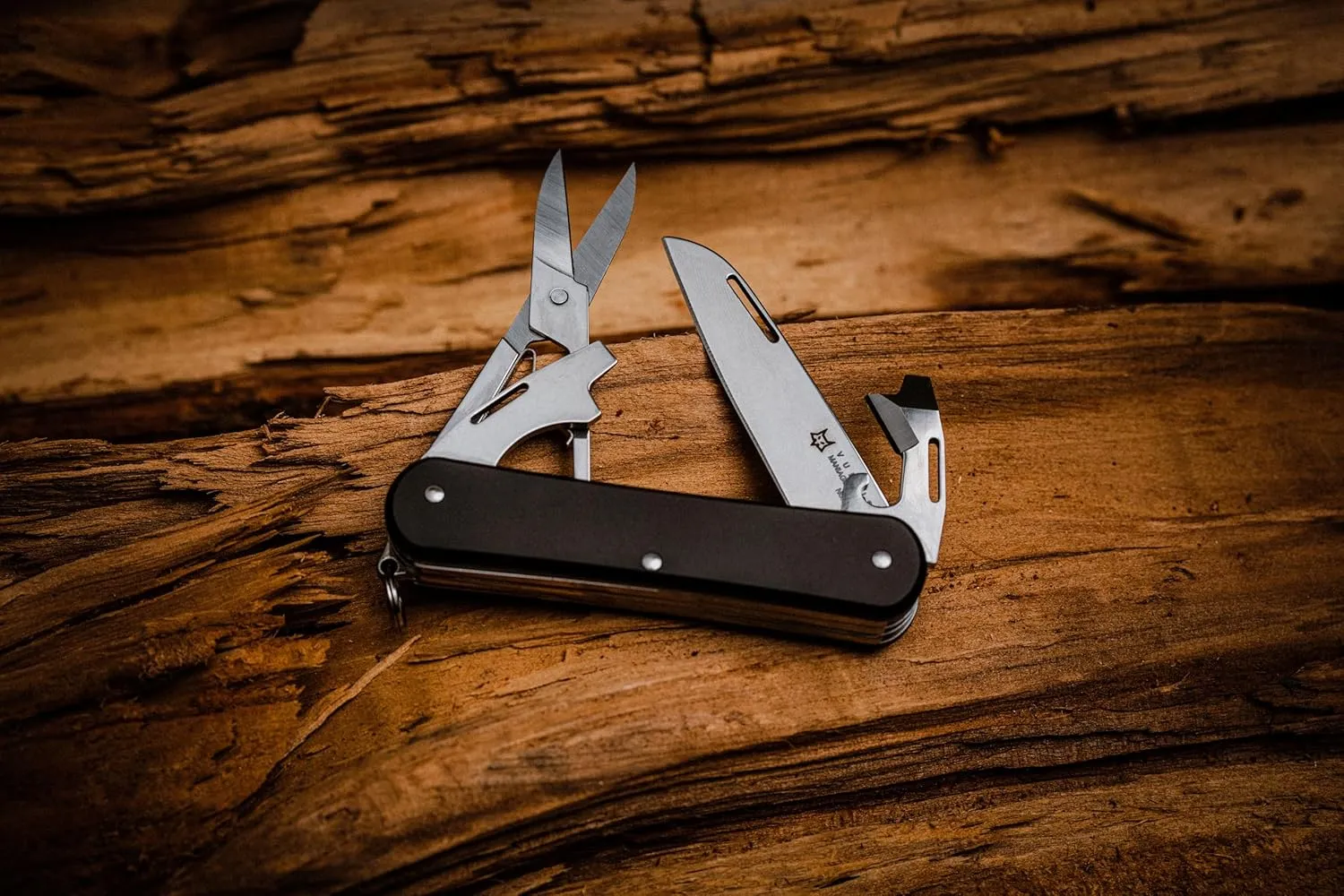 Fox Knives Vulpis FX-VP130-F4 Slipjoint Folding Knife 4-in-1 Multitool 2.17in Blade, Bottle Opener, Can Opener, Flat Head Screwdriver, Scissors - Compact Versatile Minimalist Pocket Knife (Black)