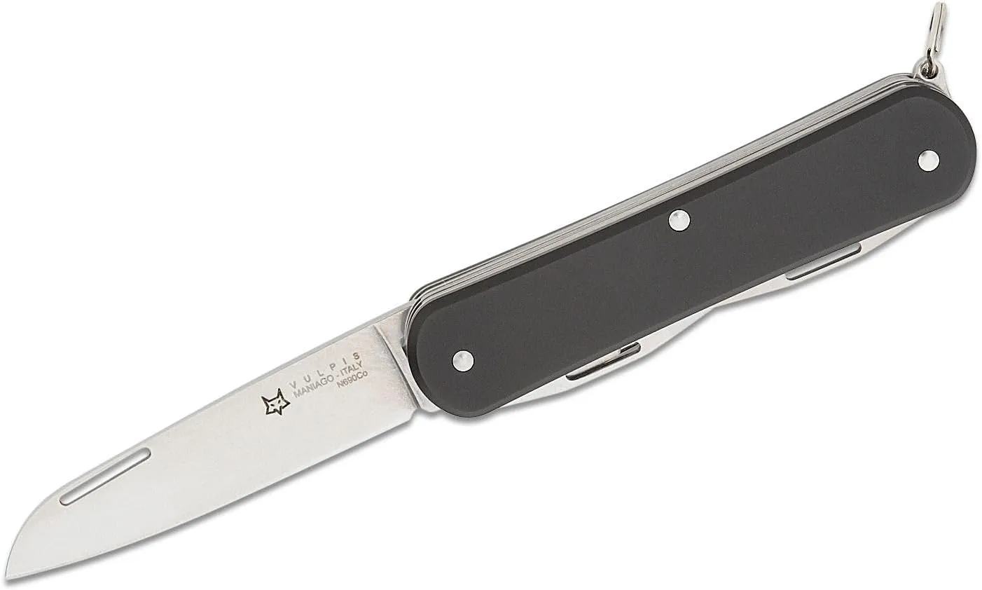 Fox Knives Vulpis FX-VP130-F4 Slipjoint Folding Knife 4-in-1 Multitool 2.17in Blade, Bottle Opener, Can Opener, Flat Head Screwdriver, Scissors - Compact Versatile Minimalist Pocket Knife (Black)