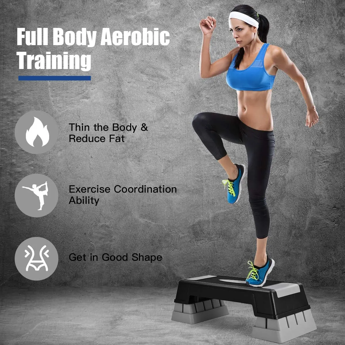 Goplus 30'' Aerobic Stepper with Risers, 5” 7” 9” Levels Height Adjustable, Workout Fitness Exercise Step Platform Trainer with Non-Slip Foot Pads, for Home/Gym