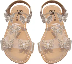 GORGLITTER Girl's Sandals Clear Butterfly Rhinestone Glitter Ankle Strap Flat Sandals Summer Beach Vacation Sandal