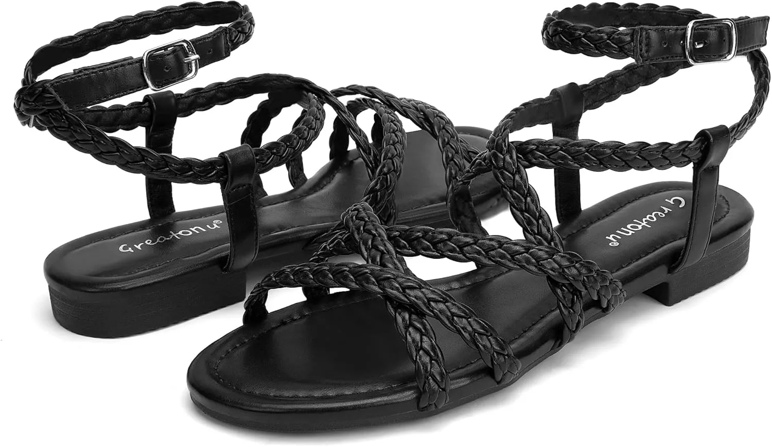 Greatonu Women's Braided Flat Sandals Comfortable Summer Casual Dressy Strappy Sandals