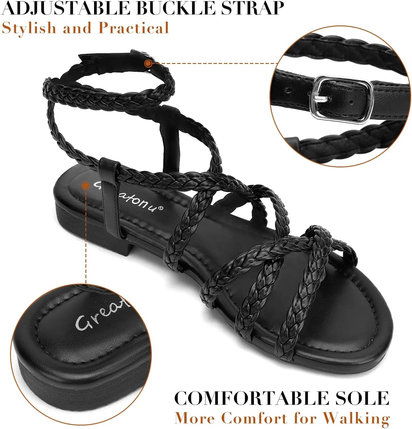 Greatonu Women's Braided Flat Sandals Comfortable Summer Casual Dressy Strappy Sandals