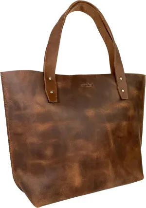 Heather's, Minimalist Handbag with Handle Mandmade from Full Grain Leather - Durable, Spacious Bag, Classy, Vintage Purse for Everyday Use, Travel & Shopping - Bourbon Brown