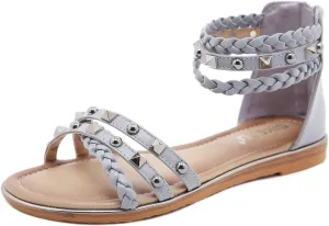 HNGHOU Women's Travel Flat Sandals Summer Casual Rhinestone Roman Flat Sandals Summer Shoes