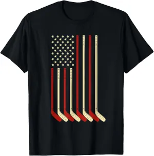 Hockey Goalie Gift USA Flag Hockey Stick Ice Hockey T-Shirt