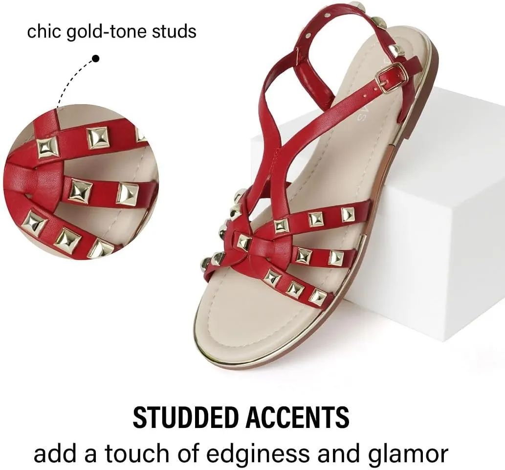 J. Adams Women's Strappy Flat Sandals with Gold Studs – Comfortable and Stylish Summer Footwear