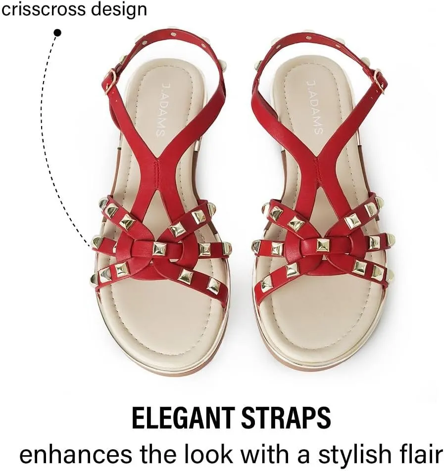 J. Adams Women's Strappy Flat Sandals with Gold Studs – Comfortable and Stylish Summer Footwear
