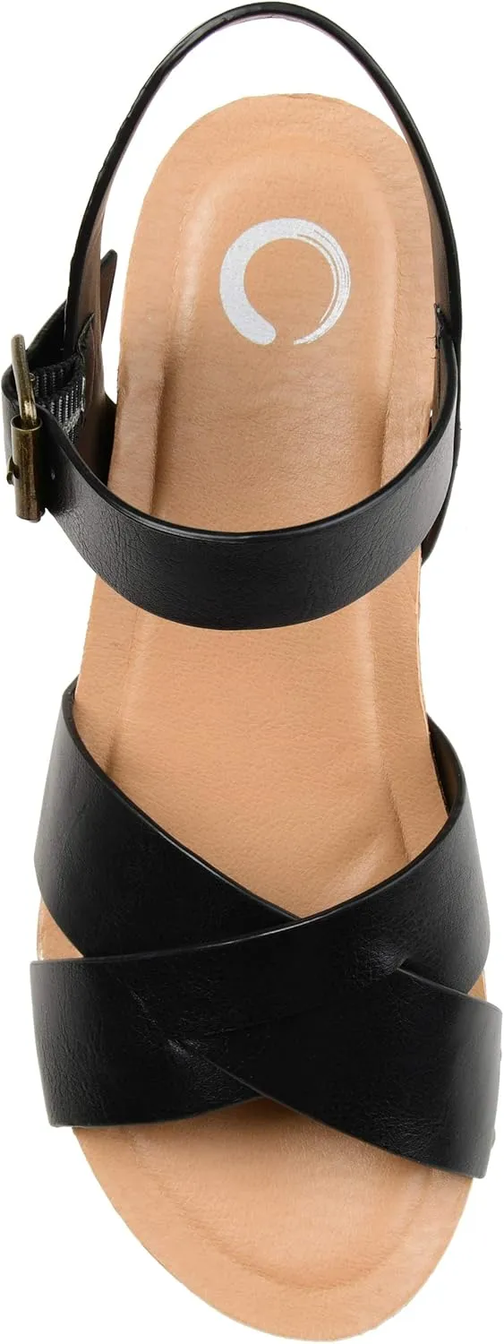 Journee Womens Crisscross Studded Chunky Block Cork Heel Buckle Ankle Strap Open Round Toe Valentina Platform
