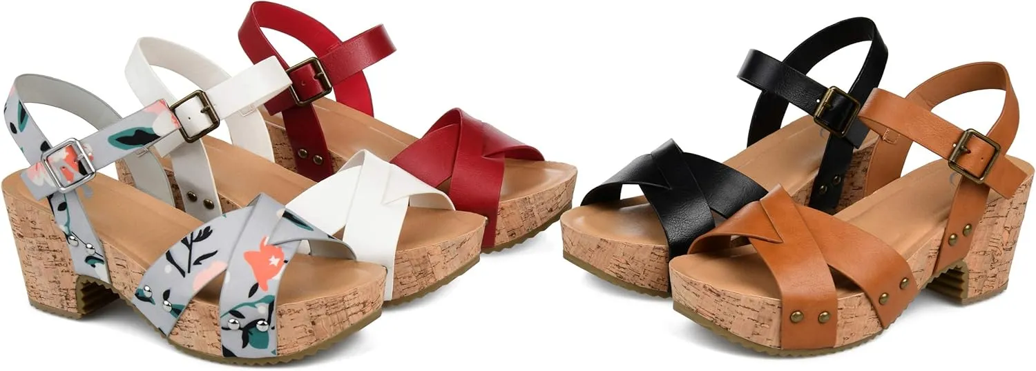 Journee Womens Crisscross Studded Chunky Block Cork Heel Buckle Ankle Strap Open Round Toe Valentina Platform