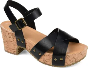 Journee Womens Crisscross Studded Chunky Block Cork Heel Buckle Ankle Strap Open Round Toe Valentina Platform