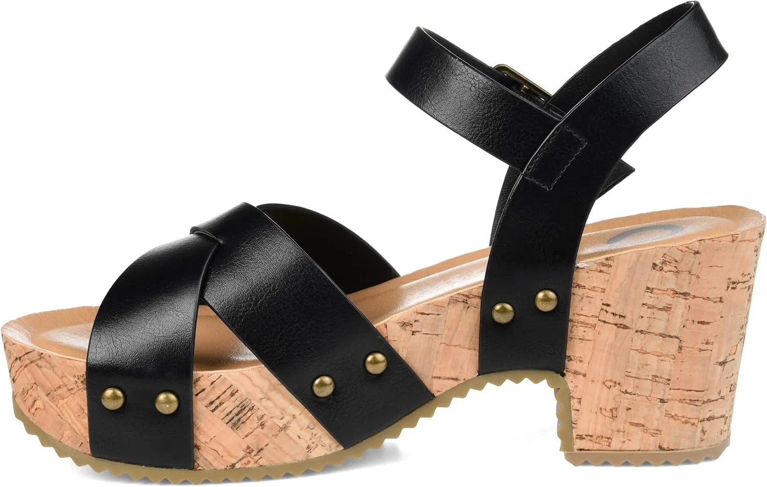 Journee Womens Crisscross Studded Chunky Block Cork Heel Buckle Ankle Strap Open Round Toe Valentina Platform