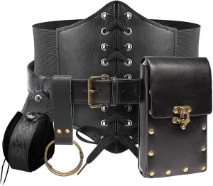 KOTORA Renaissance Costume Sets Corset Waistband Belt Pouch Purse Skirt Hike Steampunk Medieval Halloween Accessories (Pouch-Black, L/Waist 32"-43")
