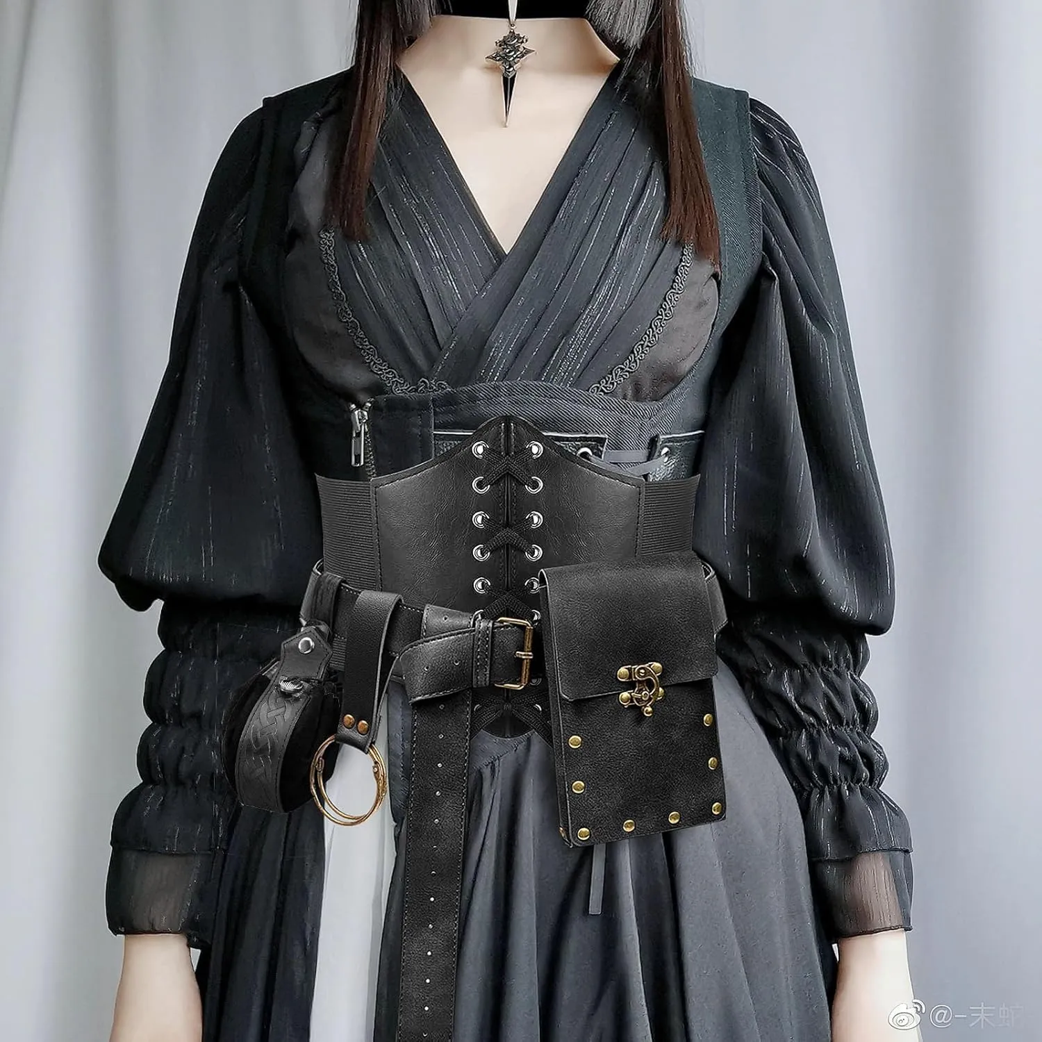 KOTORA Renaissance Costume Sets Corset Waistband Belt Pouch Purse Skirt Hike Steampunk Medieval Halloween Accessories (Pouch-Black, L/Waist 32"-43")