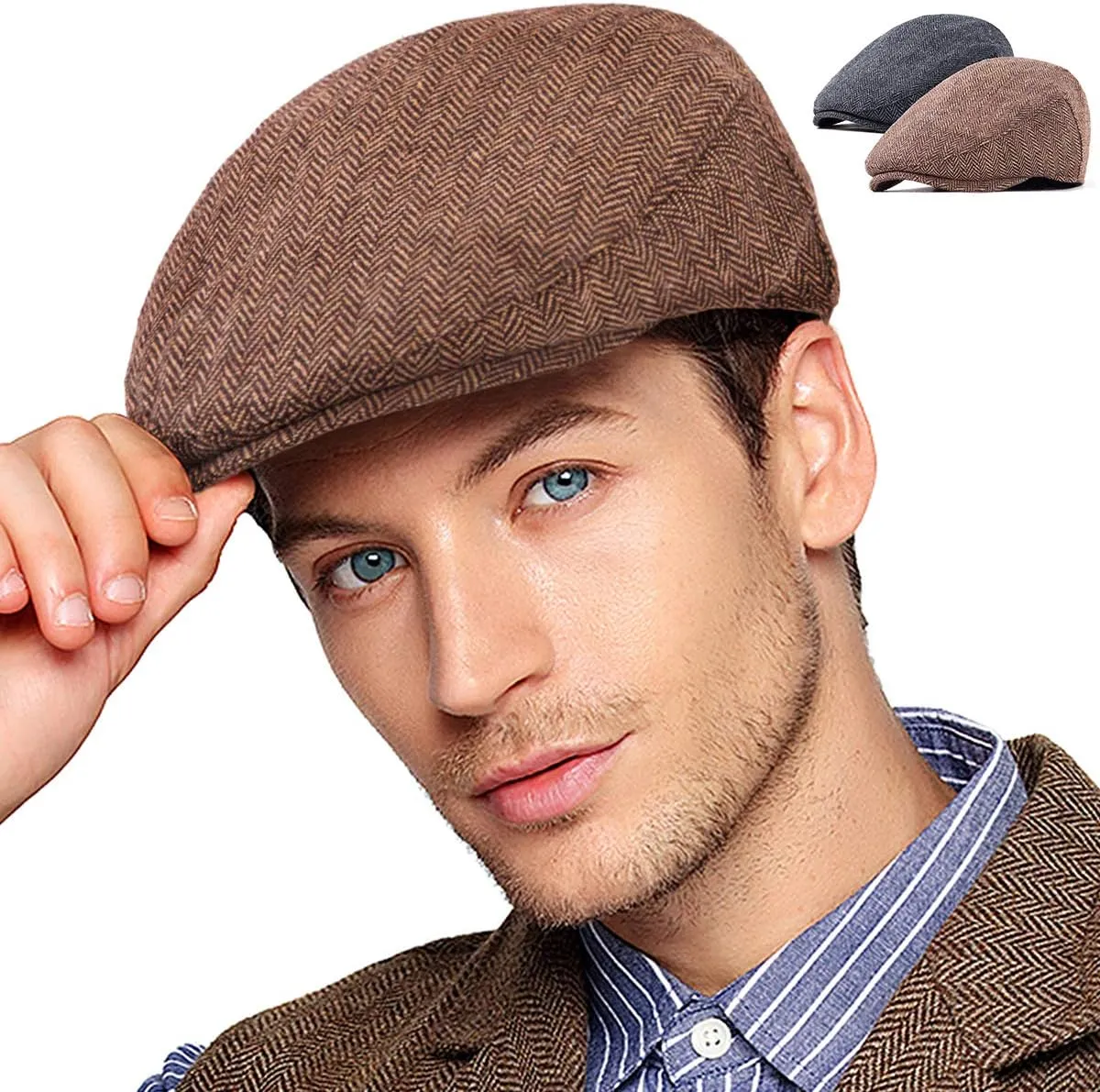 LADYBRO 2Pack Adjustable Newsboy Hats for Men Flat Cap Irish Cabbie Wool Blend Tweed