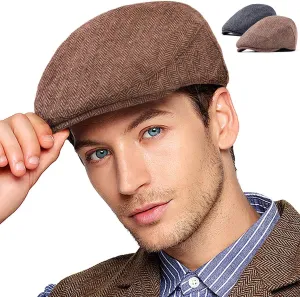 LADYBRO 2Pack Adjustable Newsboy Hats for Men Flat Cap Irish Cabbie Wool Blend Tweed