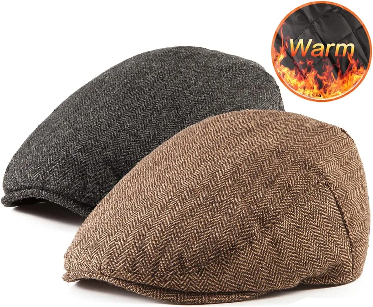 LADYBRO 2Pack Adjustable Newsboy Hats for Men Flat Cap Irish Cabbie Wool Blend Tweed