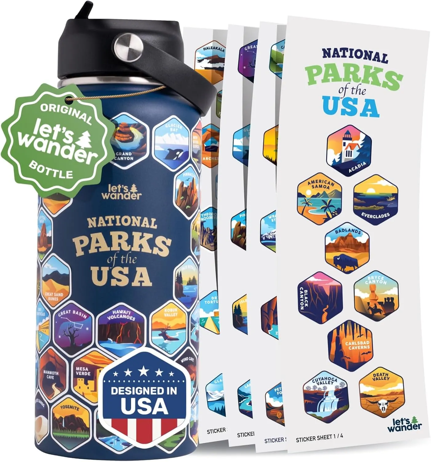 LET'S WANDER National Parks Water Bottle with 63 Waterproof Stickers - 32oz Leakproof Insulated Stainless Steel with Straw - USA Hiker Gift Bottle (Blue)