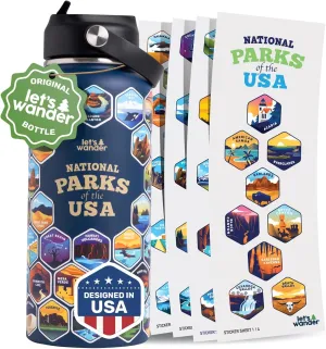 LET'S WANDER National Parks Water Bottle with 63 Waterproof Stickers - 32oz Leakproof Insulated Stainless Steel with Straw - USA Hiker Gift Bottle (Blue)