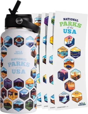 LET'S WANDER National Parks Water Bottle with 63 Waterproof Stickers - 32oz Leakproof Insulated Stainless Steel with Straw - USA Hiker Gift Bottle (White/Blue)