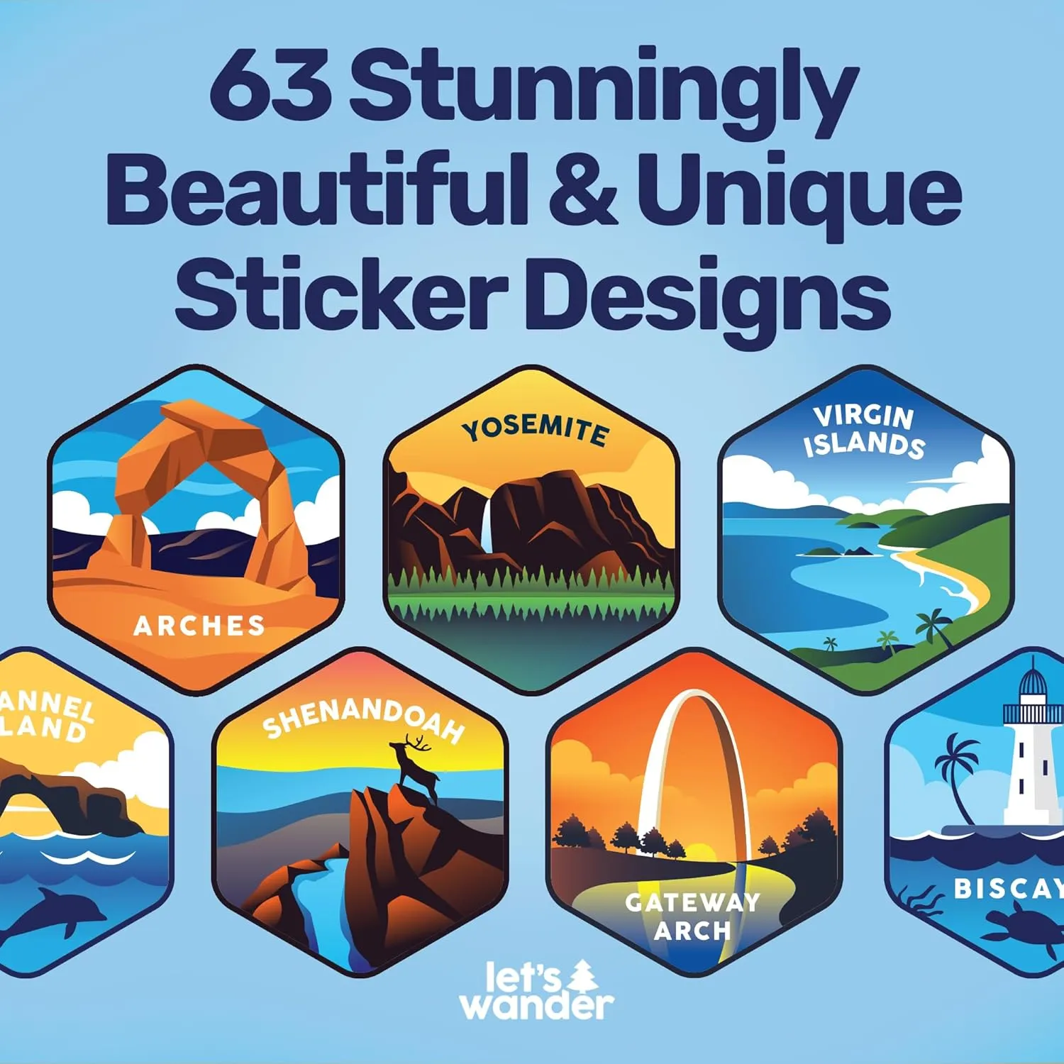 LET'S WANDER Original National Parks Water Bottle with 63 Waterproof Stickers - 32oz Leakproof Insulated Stainless Steel with Straw - USA Hiker Gift Bottle (Black)
