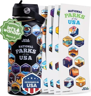 LET'S WANDER Original National Parks Water Bottle with 63 Waterproof Stickers - 32oz Leakproof Insulated Stainless Steel with Straw - USA Hiker Gift Bottle (Black)