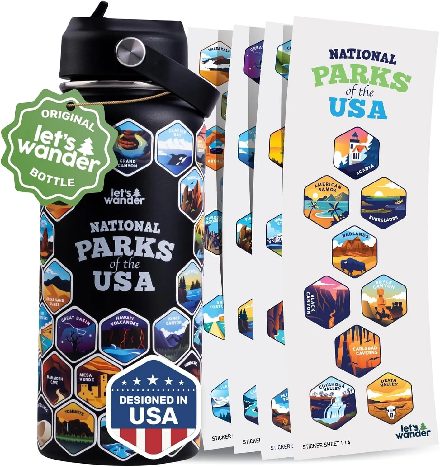 LET'S WANDER Original National Parks Water Bottle with 63 Waterproof Stickers - 32oz Leakproof Insulated Stainless Steel with Straw - USA Hiker Gift Bottle (Black)